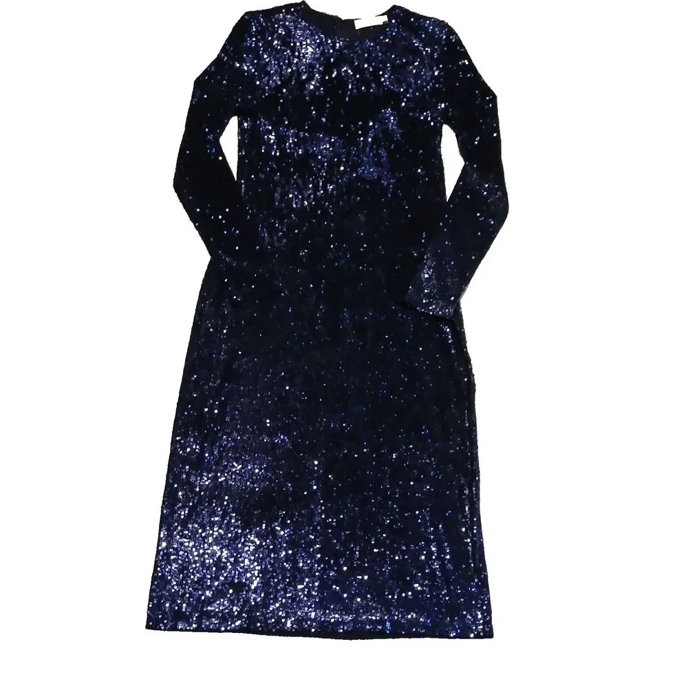 Tory Burch Sequin Dress Navy Size S/P Long Sleeve Midi Length Knit
